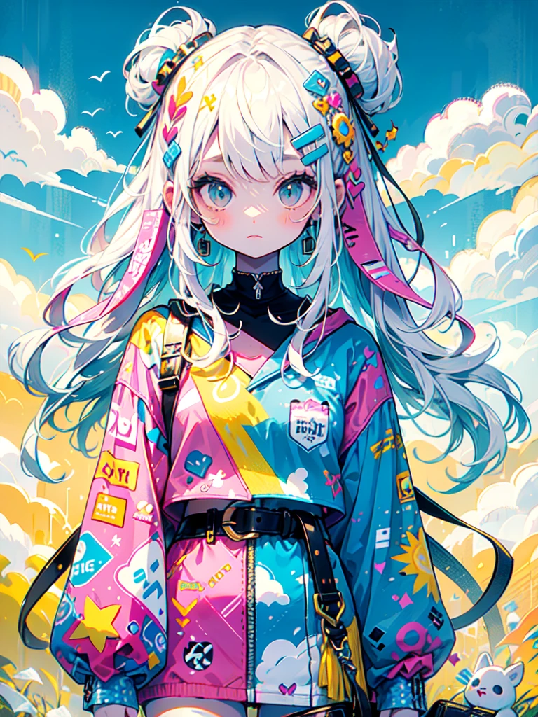 "cute, cute, Cute girl in pink, yellow, Baby blue color scheme. She wears sky-themed clothing with clouds and sky motifs. Her outfit is fluffy and soft., Comes with hair clips and other accessories. She embodies the vibrant and trendy Harajuku fashion style.."