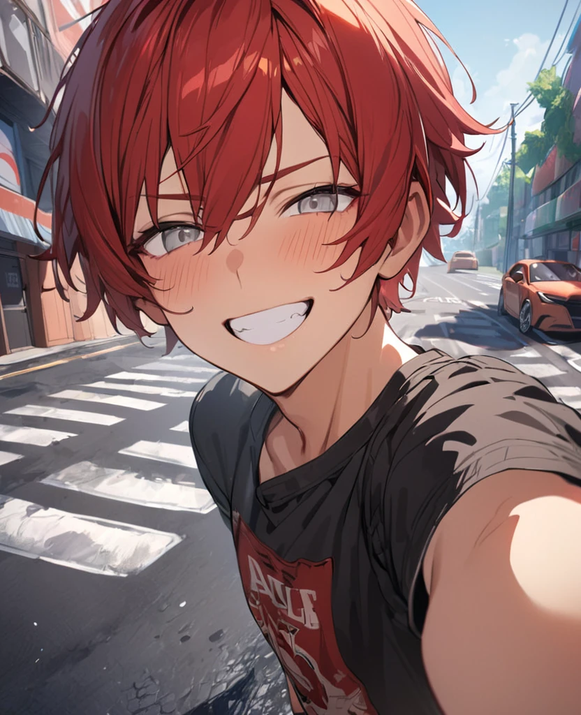 1 young man、Red hair、Hairstyle、Shortcuts、Grey Eyes、Slanted Eyes、Casual clothing、whole body、Are standing、Outdoor、asphalt, red hair, short hair, hair ribbon, grin, first-person view, UHD, super detail, high details