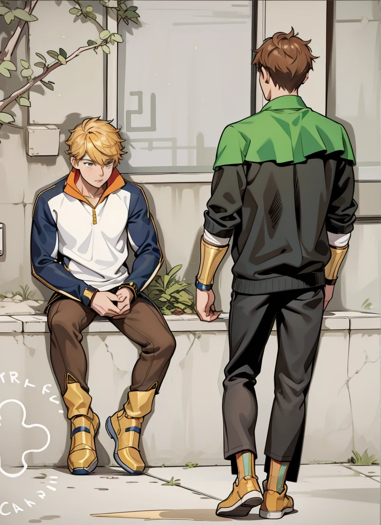 He has armor bracelets on his arms that are gold metal and his shoes are gold.
