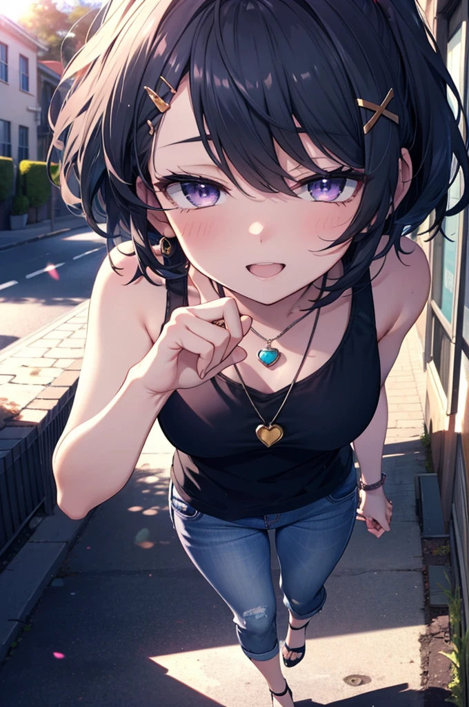 komachihikigaya, komachi hikigaya, short hair, Black Hair, hair ornaments, Ahoge, Hair Clip, x hair ornaments, (Purple eyes:1.1), tooth, happy smile, smile, Open your mouth, black tank top shirt,Locket Necklace,Skinny jeans,Stiletto heels,morning,morning陽,The sun is rising,Walking,whole bodyがイラストに入るように,
break outdoors, Building district,
break looking at viewer,whole body,
break (masterpiece:1.2), Highest quality, High resolution, unity 8k wallpaper, (figure:0.8), (Beautiful attention to detail:1.6), Highly detailed face, Perfect lighting, Highly detailed CG, (Perfect hands, Perfect Anatomy),