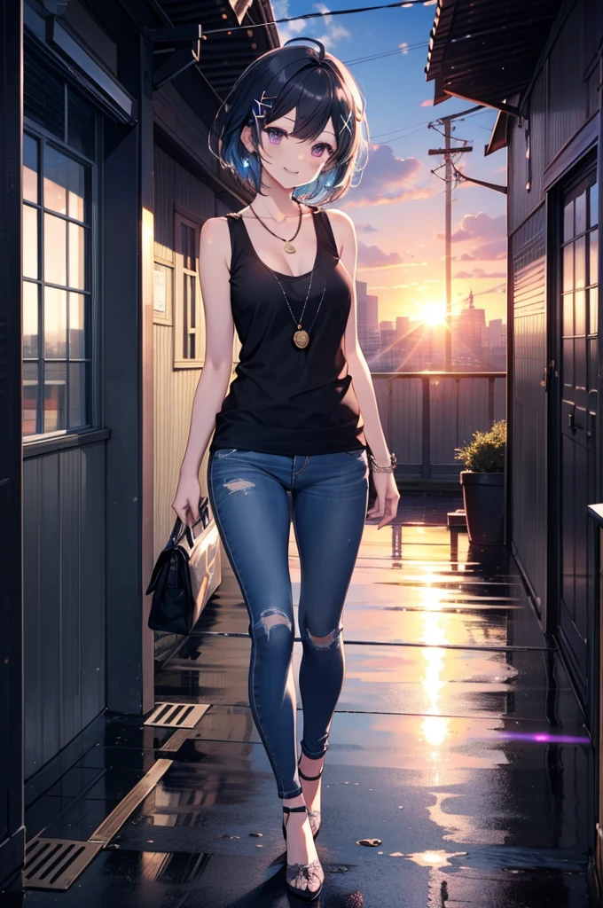 komachihikigaya, komachi hikigaya, short hair, Black Hair, hair ornaments, Ahoge, Hair Clip, x hair ornaments, (Purple eyes:1.1), tooth, happy smile, smile, Open your mouth, black tank top shirt,Locket Necklace,Skinny jeans,Stiletto heels,morning,morning陽,The sun is rising,Walking,whole bodyがイラストに入るように,
break outdoors, Building district,
break looking at viewer,whole body,
break (masterpiece:1.2), Highest quality, High resolution, unity 8k wallpaper, (figure:0.8), (Beautiful attention to detail:1.6), Highly detailed face, Perfect lighting, Highly detailed CG, (Perfect hands, Perfect Anatomy),