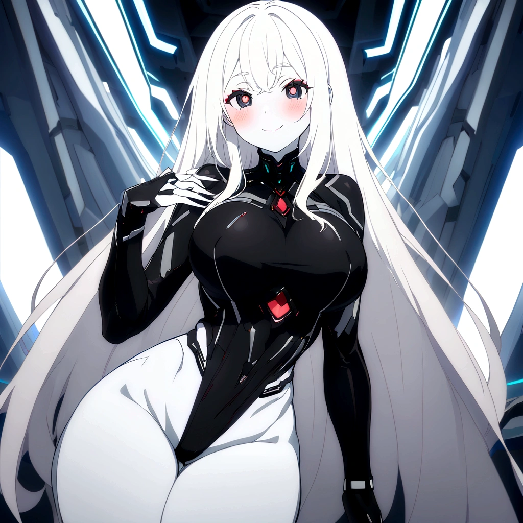 Masterpiece, High quality, High quality of art, anime lineart, 1girl,white hair, black eyes, white eyebrow, red eyeshadow, Tall, black cyber clothers, light gray cyber pants, big hips, big chest, very blush, white hearts in eyes, in future base, looking at viewer, smile, white skin, white hearts in eyes