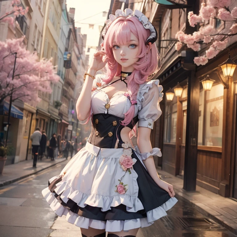 long hair, pink hair, red horns, long flowing hair, floating hair, ornament hair, perfectly body, perfectly hands, dark pink rose on hair, maid, maid dress, maid headdress, maid apron, white apron, on street, petals in the air, blossom peach tree, centered girl, maid dress, red dress, more details on her clothes, dress with transparency, golden details, daylight, smiling, cape, ((4k, masterpiece, top-quality)),8k, best quality, high resolution, HD, (illustration:0.8), super cute girl, delicate and beautiful face, 1girl, solo, mature girl, super cute hairstyle, (beautiful detailed eyes:1.6), extremely detailed face, perfect lighting, extremely detailed CG, (perfect hands, perfect anatomy), Best quality, cleavage, small skirt, full Body,