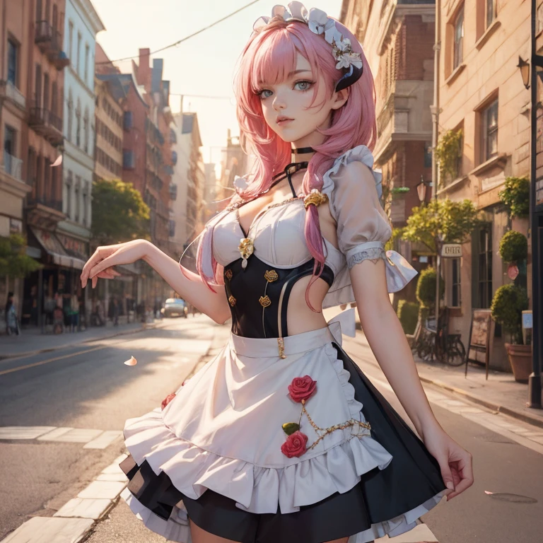  long hair, pink hair, red horns, long flowing hair, floating hair, ornament hair, perfectly body, perfectly hands, dark pink rose on hair, maid, maid dress, maid headdress, maid apron, white apron, on street, petals in the air, blossom peach tree, centered girl, maid dress, red dress, more details on her clothes, dress with transparency, golden details, daylight, smiling, cape, ((4k, masterpiece, top-quality)),8k, best quality, high resolution, HD, (illustration:0.8), super cute girl, delicate and beautiful face, 1girl, solo, mature girl, super cute hairstyle, (beautiful detailed eyes:1.6), extremely detailed face, perfect lighting, extremely detailed CG, (perfect hands, perfect ), Best quality, cleavage, small skirt, full Body,