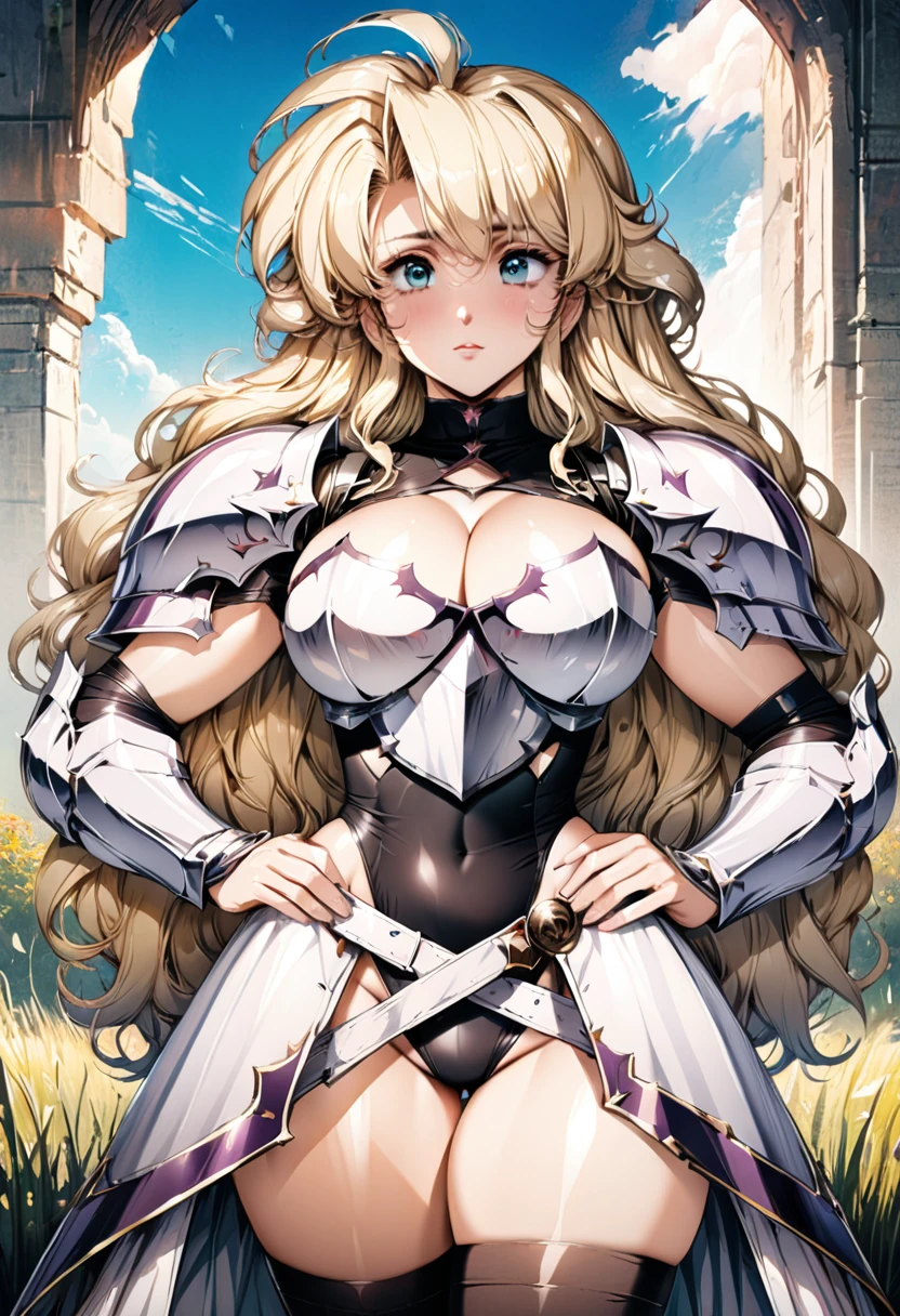 ((highest quality)), ((masterpiece)), ((hyperrealistic)), (detailed background), solo, 1girl, ((curvy: 1.2)), kawaii, ((armored dress: 1.3)), Blonde berry long wavy hair, Ahoge, (paladin magic armor), ((black tight-fitting leotard bodysuit)), ((huge breasts)), ((arm guard gauntlet)), (metal harness breastplate), body harness, belt waist armor, ((zettai ryouiki knee socks boots)), (big butt), (cleavage cutout), (Groin), (thighs), beautiful aqua eyes, droopy eyes, perfect face, Perfect hands, perfect fingers, Blue sky and grassland, posing, putting hands on hips,