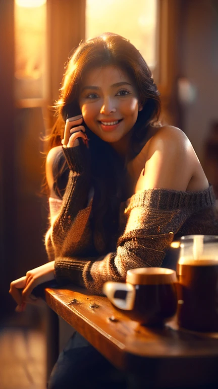 (ultrahd), (realistic), (real skin texture), (soft light), (cinematic light), a woman wear an one-shoulder oversized brown sweater, lean on her desk, seductive smile, pose, hold a cup of coffee,