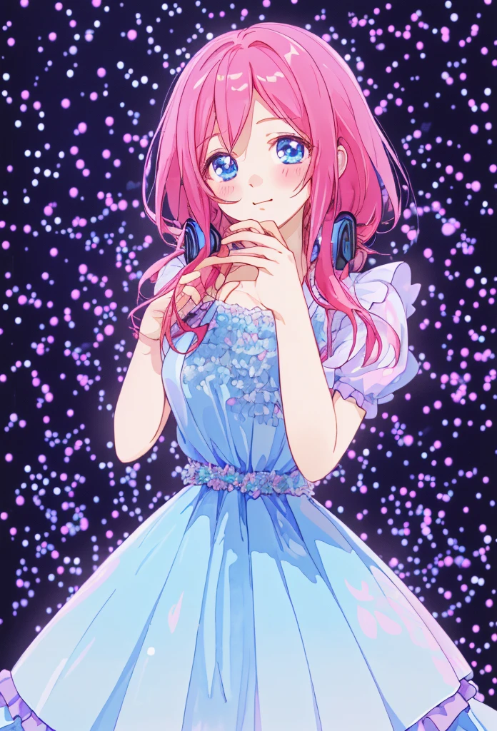 Pastel illustration, lilac theme, Miku nakano, standing 3/4, looking at viewer, soft standing pose, cowboy shot, wearing a lilac dress blue eyes, fluffy brown red hair, nakano_miku, simple organza lilac dress, higher quality, soft vivid colours, dreamy nebula, fairy core, lovely, splendid, delicacy, 4k, extremely detailed, sparkling eyes, perfect face, soft smile, sweet face, lovely, watercolor paiting, Ultra Detail, , soft pastel colours, pastel, aesthetic