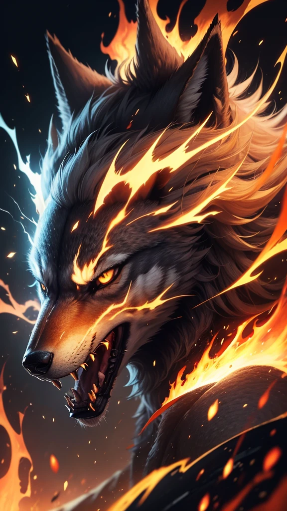 wolf on fire, High definition, battle, bright sunny, angry expression, 4K, 真实感, flat land, no armor, whole body