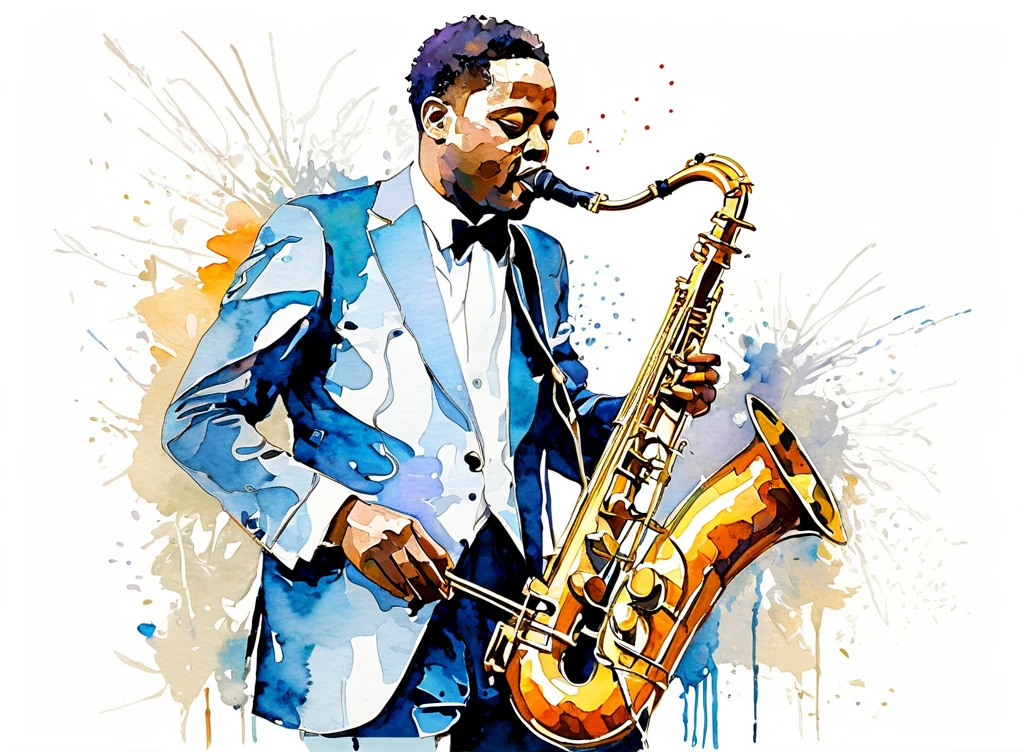 シルエットスタイル、jazz player,live,Masterpiece、Omitted style,Stylish cut, artistic,Scribble style,Clear, bold, thick outlines,Rough coloring, watercolor painting,