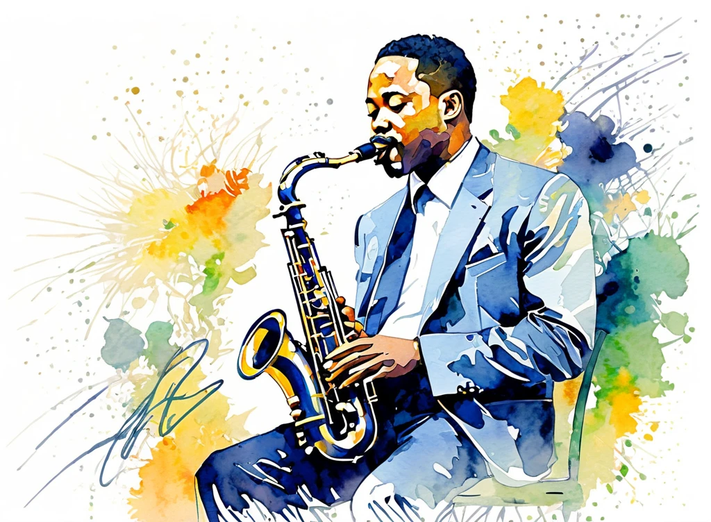 シルエットスタイル、jazz player,live,Masterpiece、Omitted style,Stylish cut, artistic,Scribble style,Clear, bold, thick outlines,Rough coloring, watercolor painting,