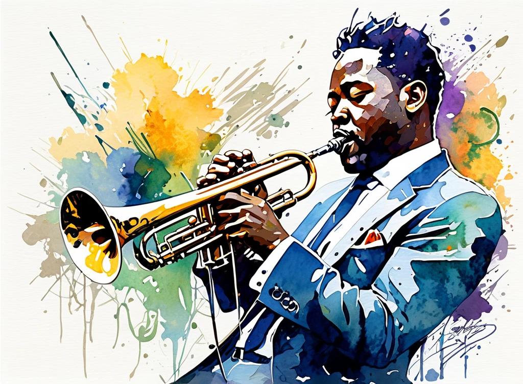 シルエットスタイル、jazz player,live,Masterpiece、Omitted style,Stylish cut, artistic,Scribble style,Clear, bold, thick outlines,Rough coloring, watercolor painting,