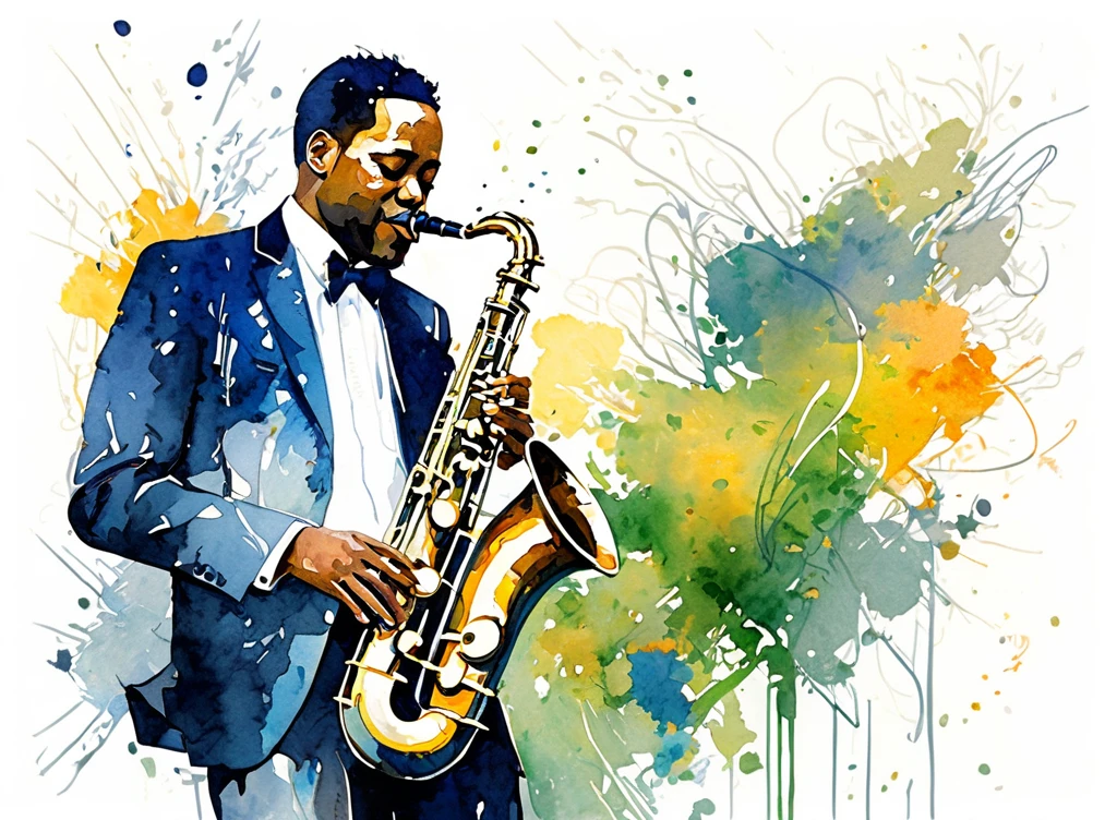 シルエットスタイル、jazz player,live,Masterpiece、Omitted style,Stylish cut, artistic,Scribble style,Clear, bold, thick outlines,Rough coloring, watercolor painting,