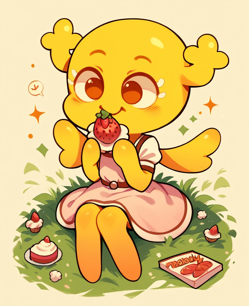 Penny Fitzgerald, penny_unshelled, alone, cute, smiling, yellow body, ???, yellow wings, pink cute dress, full body, sitting on grass eating a strawberry cake