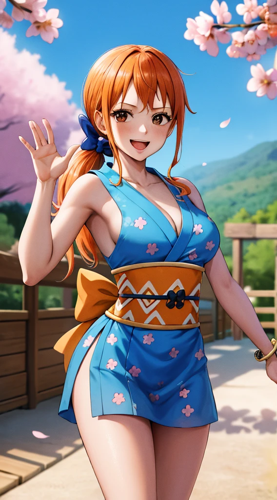 masterpiece, best quality, highres, nami (one piece), long hair, orange hair, low ponytail, hair bow, blue bow, brown eyes, collarbone, cleavage, short kimono, blue kimono, sleeveless, bare arms, bracelet, sash, obi, standing, cowboy shot, waving, outdoors, cherry blossoms, smile, open mouth,