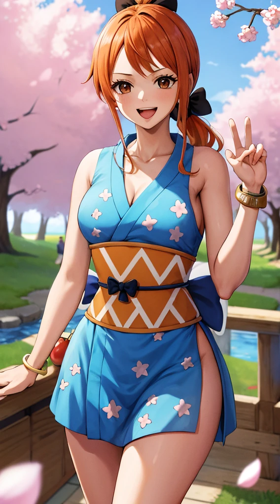 masterpiece, best quality, highres, nami (one piece), long hair, orange hair, low ponytail, hair bow, blue bow, brown eyes, collarbone, cleavage, short kimono, blue kimono, sleeveless, bare arms, bracelet, sash, obi, standing, cowboy shot, waving, outdoors, cherry blossoms, smile, open mouth,