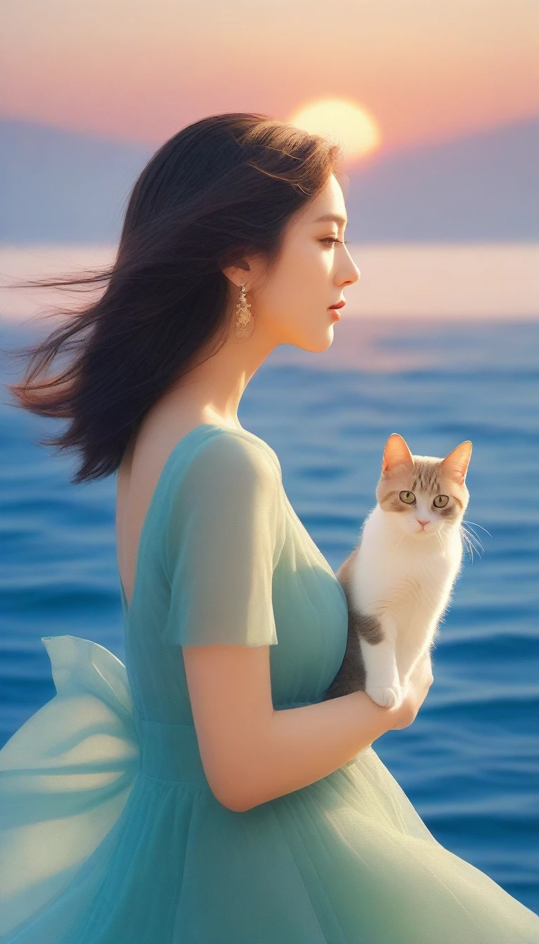"Create an illustration of a character that combines the features of a beautiful woman and a cat, set against a backdrop of a serene sea. She has cat ears and a tail, with sharp, feline eyes. Her hair flows in the wind and is depicted in vibrant colors. Capture the elegance and allure of the woman while incorporating feline traits. The background sea has gentle waves, with sunlight sparkling on the surface of the water."