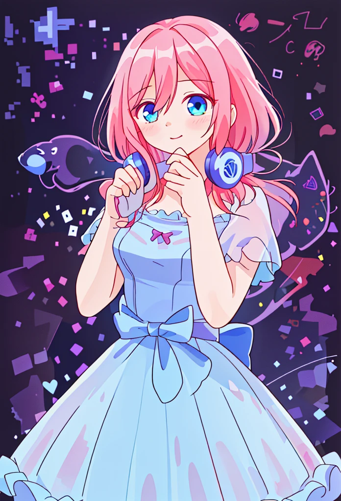 Pastel illustration, lilac theme, Miku nakano, standing 3/4, looking at viewer, soft standing pose, cowboy shot, wearing a lilac dress blue eyes, fluffy brown red hair, nakano_miku, simple organza lilac dress, higher quality, soft vivid colours, dreamy nebula, fairy core, lovely, splendid, delicacy, 4k, extremely detailed, sparkling eyes, perfect face, soft smile, sweet face, lovely, watercolor paiting, Ultra Detail, , soft pastel colours, pastel, aesthetic