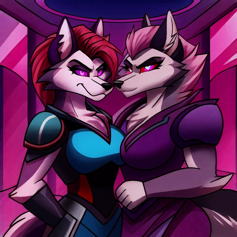 (masterpiece, best quality: 1.2), Vortex Hellhound, a bodyguard, wolf, furry, and next to her a female hellhound, an amazing boss, hypnotized with glowing purple eyes, serious and angry face, wearing futuristic armor, , in futuristic room background