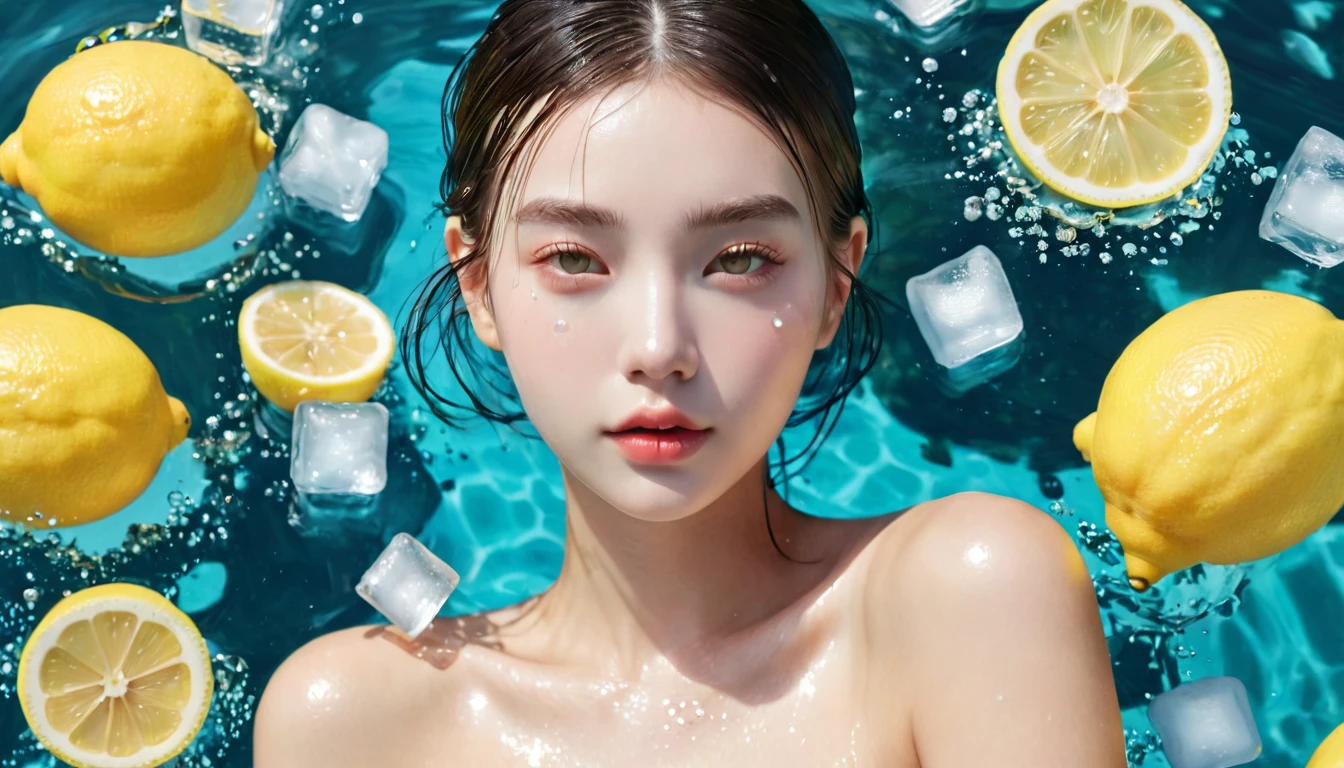 Summer Lemon Girl，Dopamine teenage， Cool summer days，Ice cubes，The watery girl，Delicate skin，Hydration，Shiny，Shiny，dream，Front view，bust，pearl，Lemon fruit