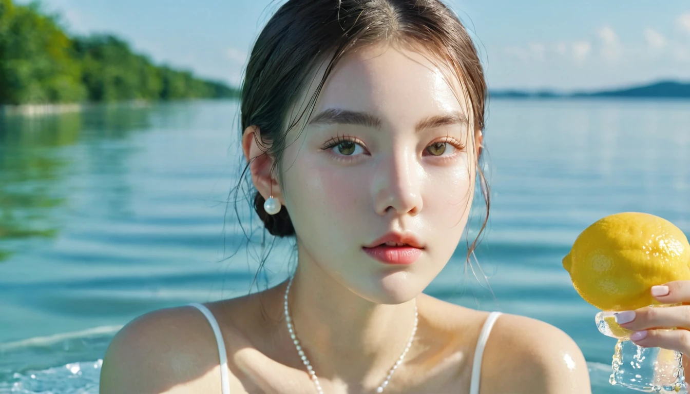 Summer Lemon Girl，Dopamine teenage， Cool summer days，Ice cubes，The watery girl，Delicate skin，Hydration，Shiny，Shiny，dream，Front view，bust，pearl，Lemon fruit