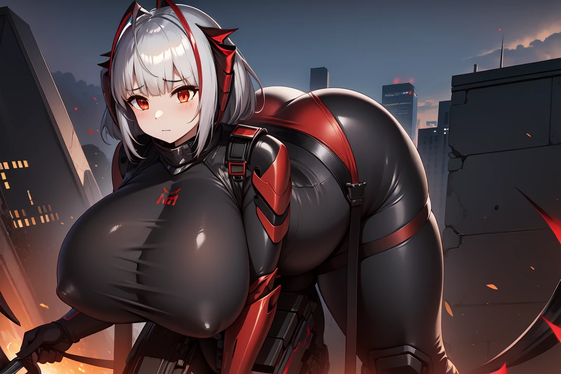 1girl, w_arknights, black bodysuit with red parts, city ruins, hi-tech armor pieces, mature, massive breasts