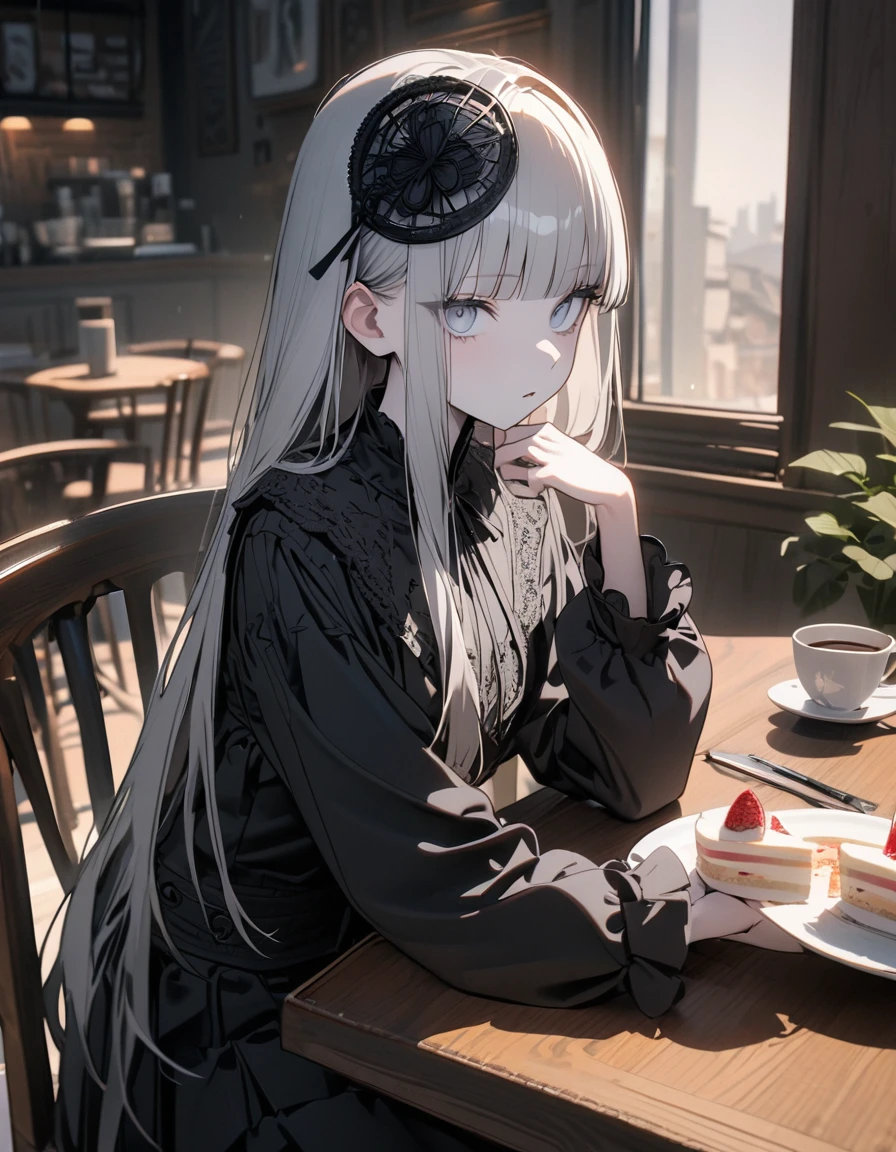 (8K, best quality, master piece: 1.2), super high resolution,1 girl,独奏,16yo,ultra-detailed face,detailed eyes,silver eyes,blunt bangs,silver hair,Straight Hair,Long Hair,pale skin,long sleeve petal collar blouse,black Fascinator,Tiered skirt,expressionless,lash extension,parted lips,Rim Light,Sitting in a chair,A cake and a cup of tea on the table,Coffee shop
