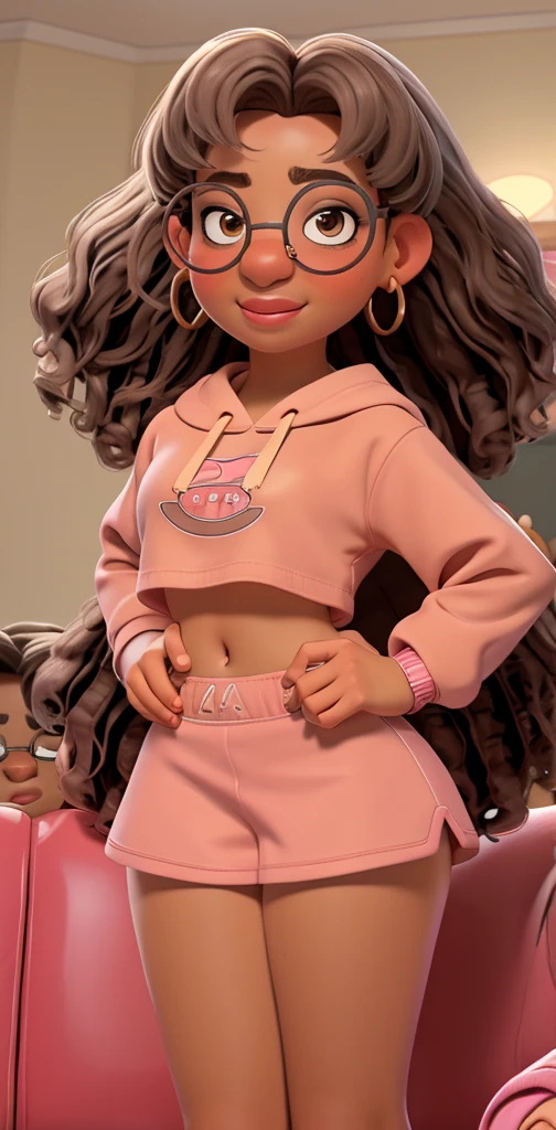 curly brown and gray hair, glasses with round frames, dark eyebrows, brown eyes, pink lips, white crop top hoodie with pink short pink skirt, red laced panties , golden earrings, slight frown, brown skin, smiling expression, bending over on the sofa, ass up