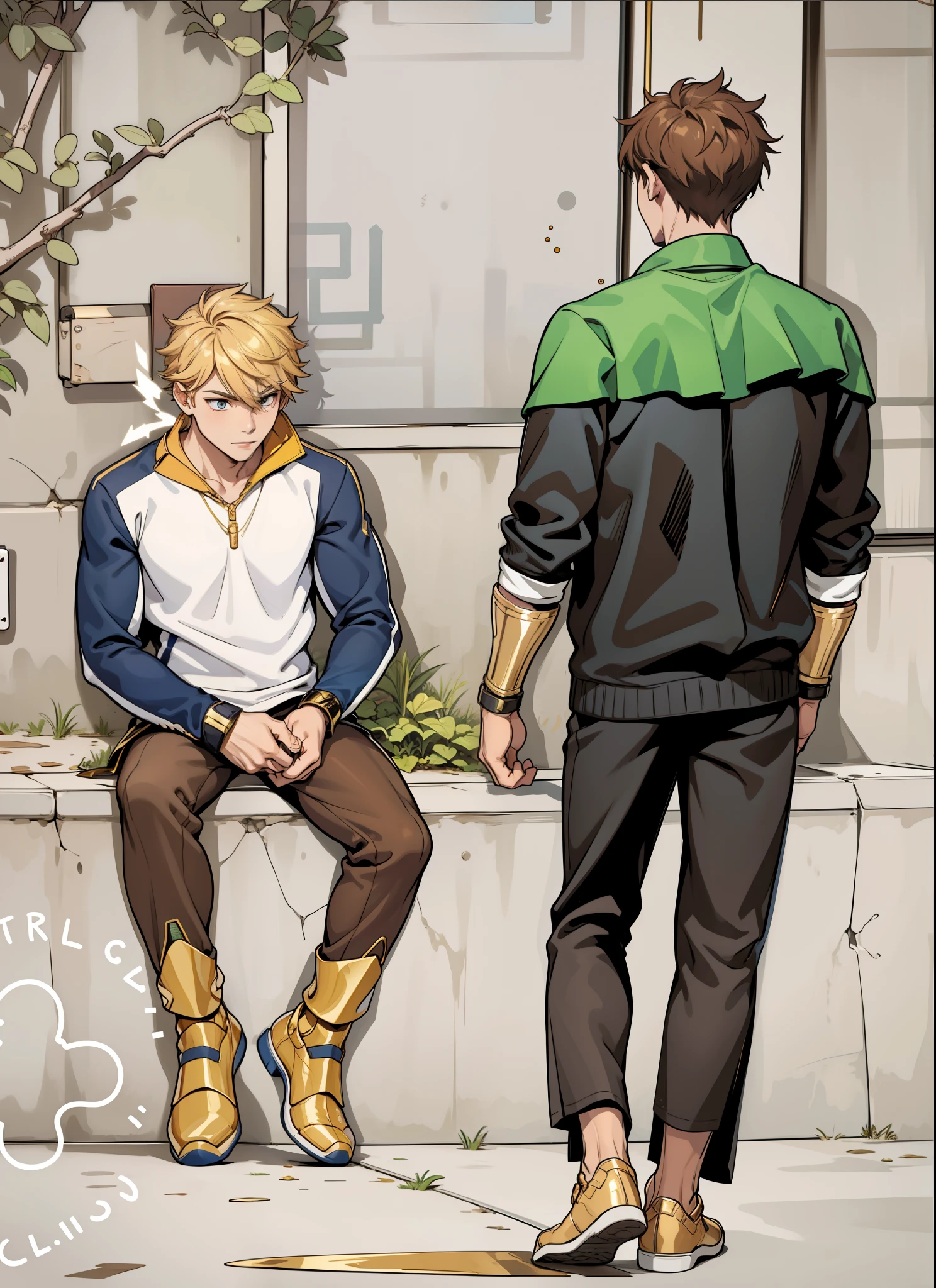 He has armor bracelets on his arms that are gold metal and his shoes are gold.