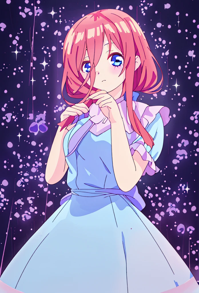 Pastel illustration, lilac theme, Miku nakano, standing 3/4, looking at viewer, soft standing pose, cowboy shot, wearing a lilac dress blue eyes, fluffy brown red hair, nakano_miku, simple organza lilac dress, higher quality, soft vivid colours, dreamy nebula, fairy core, lovely, splendid, delicacy, 4k, extremely detailed, sparkling eyes, perfect face, soft smile, sweet face, lovely, watercolor paiting, Ultra Detail, , soft pastel colours, pastel, aesthetic