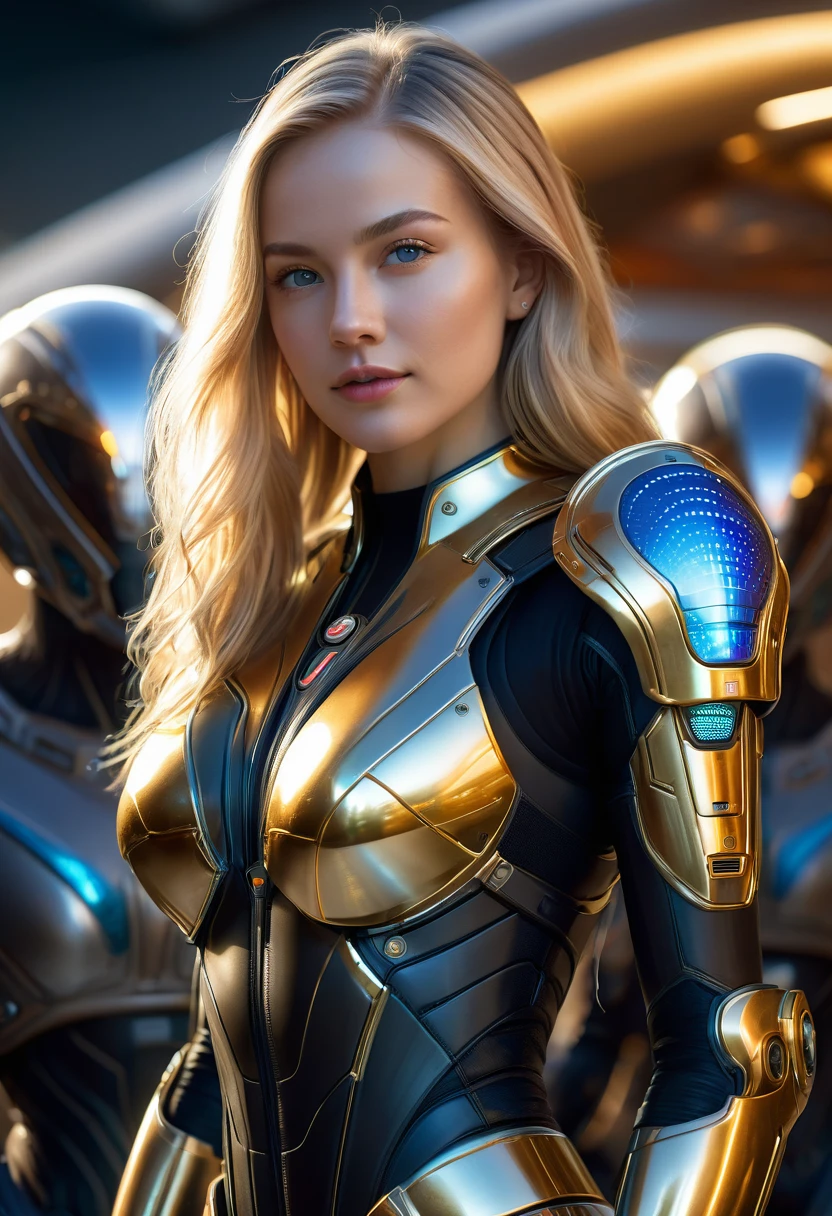 a beautiful 21 yo Oslo Norway woman with long blond hair wearing a Venusian military battle suit next to gold and chrome Venusian spacecraft, intricate detailing, HDR, vibrant contrast, 32k resolution, luminism lighting techniques, ultra-realistic digital render, bokeh, mass effect, close up black, beauty, pure perfection, divine presence, unforgettable, impressive, breathtaking beauty, Volumetric light, auras, rays, 8k uhd, dslr, soft lighting, high quality, natural textures 8k masterpiece canon eos r4s 50