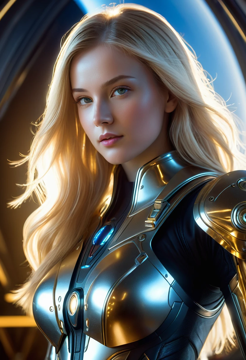 a beautiful 21 yo Oslo Norway woman with long blond hair wearing a Venusian military battle suit next to gold and chrome Venusian spacecraft, intricate detailing, HDR, vibrant contrast, 32k resolution, luminism lighting techniques, ultra-realistic digital render, bokeh, mass effect, close up black, beauty, pure perfection, divine presence, unforgettable, impressive, breathtaking beauty, Volumetric light, auras, rays, 8k uhd, dslr, soft lighting, high quality, natural textures 8k masterpiece canon eos r4s 50