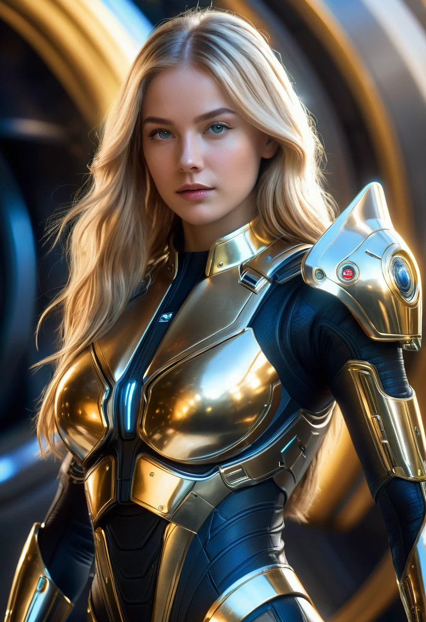 a beautiful 21 yo Oslo Norway woman with long blond hair wearing a Venusian military battle suit next to gold and chrome Venusian spacecraft, intricate detailing, HDR, vibrant contrast, 32k resolution, luminism lighting techniques, ultra-realistic digital render, bokeh, mass effect, close up black, beauty, pure perfection, divine presence, unforgettable, impressive, breathtaking beauty, Volumetric light, auras, rays, 8k uhd, dslr, soft lighting, high quality, natural textures 8k masterpiece canon eos r4s 50