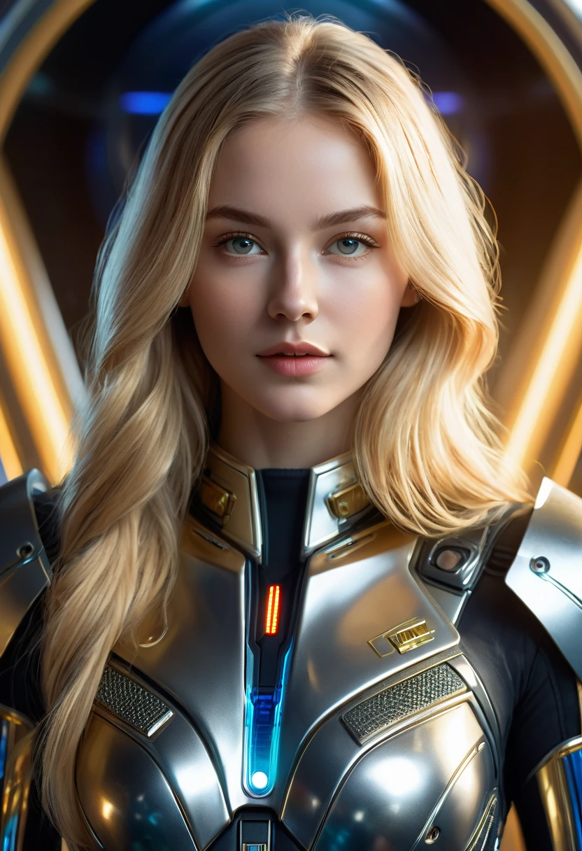 a beautiful 21 yo Oslo Norway woman with long blond hair wearing a Venusian military battle suit next to gold and chrome Venusian spacecraft, intricate detailing, HDR, vibrant contrast, 32k resolution, luminism lighting techniques, ultra-realistic digital render, bokeh, mass effect, close up black, beauty, pure perfection, divine presence, unforgettable, impressive, breathtaking beauty, Volumetric light, auras, rays, 8k uhd, dslr, soft lighting, high quality, natural textures 8k masterpiece canon eos r4s 50