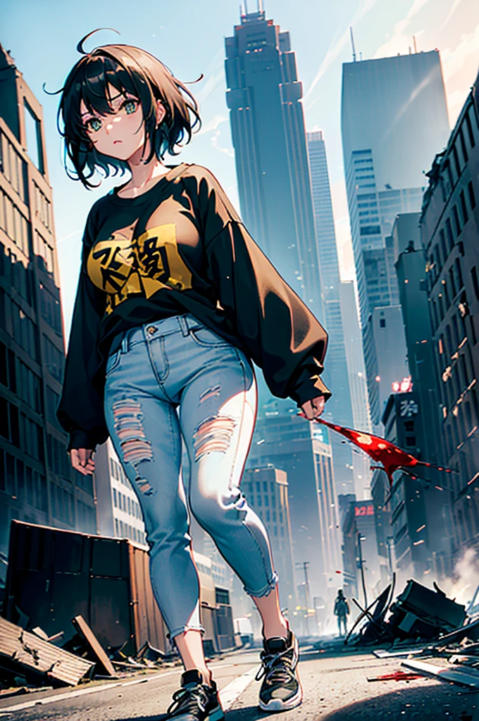 ((1 GIRL)) ((2d anime girl)), ((Japanese)) (( physically mature female)) (( somewhat large breasts)), 25-year-old, ((2d anime girl)), ((short dark-haired)), ((windswept hair)) ((ultra high quality))((flawless))((4k UHD)) ((Best Quality)) ((Daytime)) ((eyes glowing yellow )), wearing a ((black long sleeve shoulderless, blank T-shirt))((no logo)) wearing ((blue jeans)) and black and yellow sneakers with (((blood splattered))) on it and her face, standing in the street ((facing front and center toward the camera)) in a ((ruined city)) filled with ((heavily damaged)) and worn (( tall skyscrapers with gaping holes in their structures while on fire)) and ((crushed vehicles on fire)) and small and ((raging fires all around)) and an ((intimidating)) look on her face, with a giant monster kaiju-beast in the distance looking furocious.