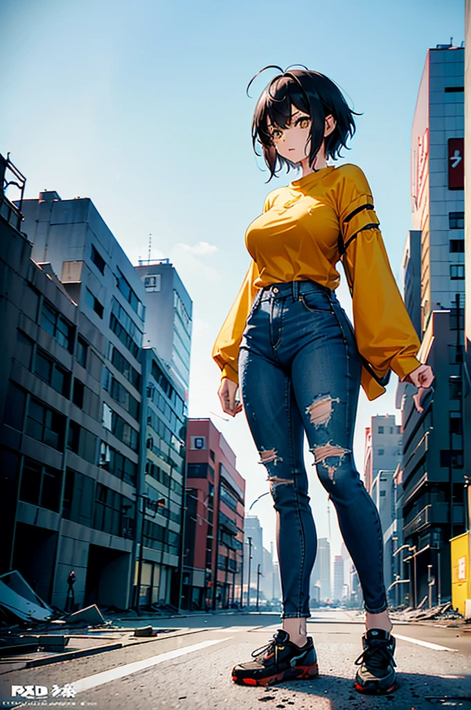 ((1 GIRL)) ((2d anime girl)), ((Japanese)) (( physically mature female)) (( somewhat large breasts)), 25-year-old, ((2d anime girl)), ((short dark-haired)), ((windswept hair)) ((ultra high quality))((flawless))((4k UHD)) ((Best Quality)) ((Daytime)) ((eyes glowing yellow )), wearing a ((black long sleeve shoulderless, blank T-shirt))((no logo)) wearing ((blue jeans)) and black and yellow sneakers with (((blood splattered))) on it and her face, standing in the street ((facing front and center toward the camera)) in a ((ruined city)) filled with ((heavily damaged)) and worn (( tall skyscrapers with gaping holes in their structures while on fire)) and ((crushed vehicles on fire)) and small and ((raging fires all around)) and an ((intimidating)) look on her face, with a giant monster kaiju-beast in the distance looking furocious.