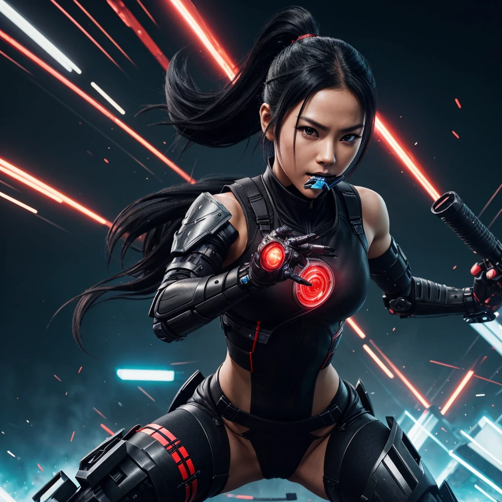Prompt Example:
“A detailed illustration of Ayame, a cyborg ninja girl, in a battle scene with both arms destroyed and missing. Despite her injuries, she fearlessly faces her enemies with a determined expression, holding a kunai in her mouth. Ayame has black hair tied in a ponytail and is wearing a sleek, modern ninja outfit predominantly black with red accents. Her entire body, except for her face, is metallic and mechanized with visible cybernetic enhancements. The background is a chaotic battlefield with debris, explosions, and neon lights, emphasizing the intensity of the battle. The art style is manga-inspired with bold lines and detailed shading.”

Details of the Prompt:

	1.	Character Appearance:
	•	Ayame, a cyborg ninja girl
	•	Black hair tied in a ponytail
	•	Wearing a sleek, modern ninja outfit predominantly black with red accents
	•	Entire body, except for face, is metallic and mechanized with visible cybernetic enhancements
	•	Both arms destroyed and missing
	•	Holding a kunai in her mouth
	•	Determined expression
	2.	Scene Details:
	•	Chaotic battlefield with debris, explosions, and neon lights
	3.	Art Style:
	•	Manga-inspired
	•	Bold lines and detailed shading
