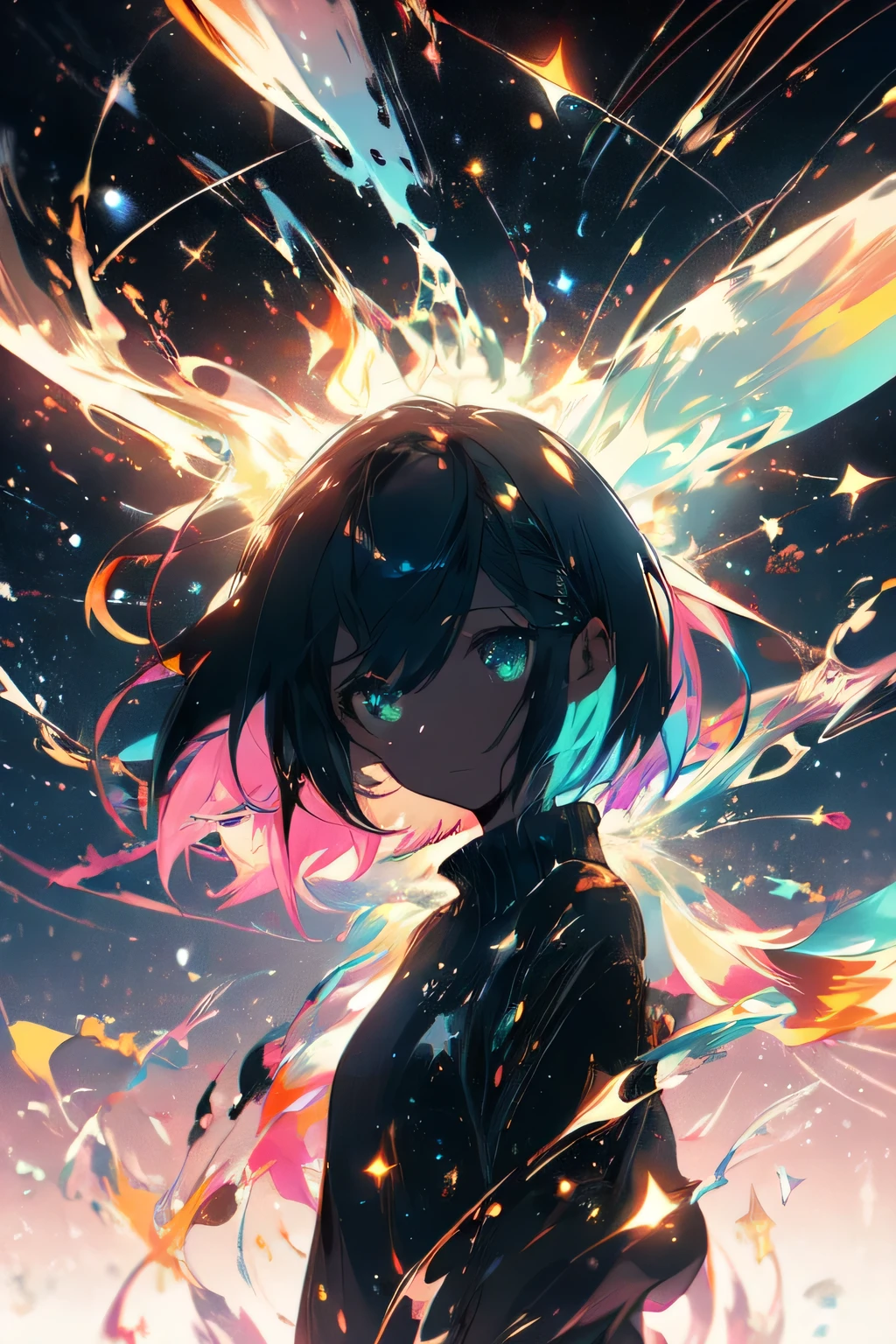 Sky, it's night, the night is full of stars, there are planets in the sky, bright colors, Incredible details, , short hair, galaxy hair, green eyes, silhouette, tanned, black sweater,