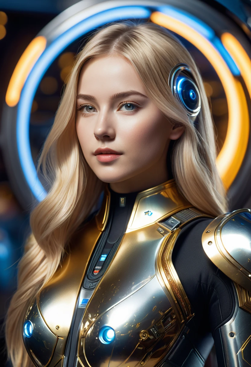 a beautiful 21 yo Oslo Norway woman with long blond hair wearing a Venusian military battle suit next to gold and chrome Venusian spacecraft, intricate detailing, HDR, vibrant contrast, 32k resolution, luminism lighting techniques, ultra-realistic digital render, bokeh, mass effect, close up black, beauty, pure perfection, divine presence, unforgettable, impressive, breathtaking beauty, Volumetric light, auras, rays, 8k uhd, dslr, soft lighting, high quality, natural textures 8k masterpiece canon eos r4s 50