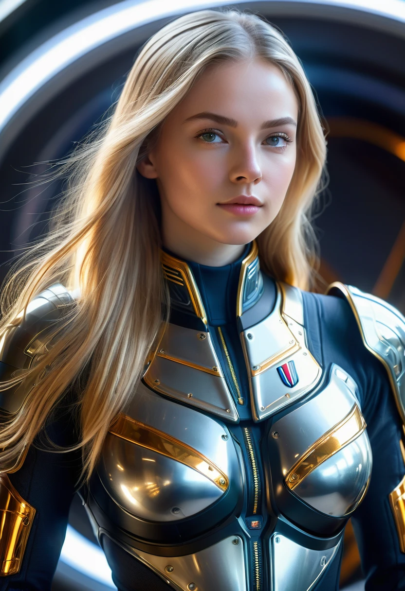 a beautiful 21 yo Oslo Norway woman with long blond hair wearing a Venusian military battle suit next to gold and chrome Venusian spacecraft, intricate detailing, HDR, vibrant contrast, 32k resolution, luminism lighting techniques, ultra-realistic digital render, bokeh, mass effect, close up black, beauty, pure perfection, divine presence, unforgettable, impressive, breathtaking beauty, Volumetric light, auras, rays, 8k uhd, dslr, soft lighting, high quality, natural textures 8k masterpiece canon eos r4s 50
