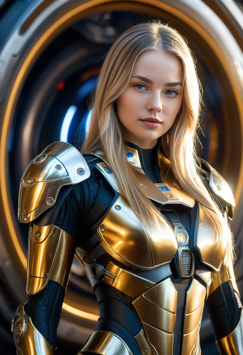 a beautiful 21 yo Oslo Norway woman with long blond hair wearing a Venusian military battle suit next to gold and chrome Venusian spacecraft, intricate detailing, HDR, vibrant contrast, 32k resolution, luminism lighting techniques, ultra-realistic digital render, bokeh, mass effect, close up black, beauty, pure perfection, divine presence, unforgettable, impressive, breathtaking beauty, Volumetric light, auras, rays, 8k uhd, dslr, soft lighting, high quality, natural textures 8k masterpiece canon eos r4s 50