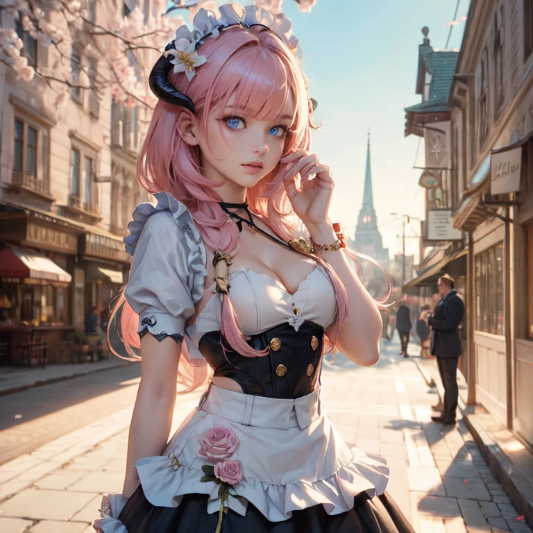  long hair, pink hair, red horns, long flowing hair, floating hair, ornament hair, perfectly body, perfectly hands, dark pink rose on hair, maid, maid dress, maid headdress, maid apron, white apron, on street, petals in the air, blossom peach tree, centered girl, maid dress, red dress, more details on her clothes, dress with transparency, golden details, daylight, smiling, cape, ((4k, masterpiece, top-quality)),8k, best quality, high resolution, HD, (illustration:0.8), super cute girl, delicate and beautiful face, 1girl, solo, mature girl, super cute hairstyle, (beautiful detailed eyes:1.6), extremely detailed face, perfect lighting, extremely detailed CG, (perfect hands, perfect anatomy), Best quality, cleavage, small skirt, full Body,