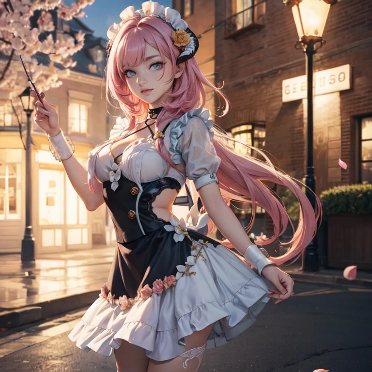 long hair, pink hair, red horns, long flowing hair, floating hair, ornament hair, perfectly body, perfectly hands, dark pink rose on hair, maid, maid dress, maid headdress, maid apron, white apron, on street, petals in the air, blossom peach tree, centered girl, maid dress, red dress, more details on her clothes, dress with transparency, golden details, daylight, smiling, cape, ((4k, masterpiece, top-quality)),8k, best quality, high resolution, HD, (illustration:0.8), super cute girl, delicate and beautiful face, 1girl, solo, mature girl, super cute hairstyle, (beautiful detailed eyes:1.6), extremely detailed face, perfect lighting, extremely detailed CG, (perfect hands, perfect anatomy), Best quality, cleavage, small skirt, full Body,