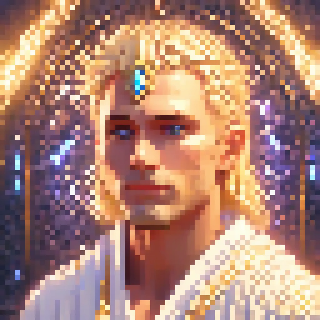 a stunning blonde man, detailed eyes, extremely detailed face and features, long eyelashes, radiant healing powers, holy white robes, soft glowing light, intricate pixel art style, highly detailed, masterpiece, 8k, photorealistic, portrait, fantasy, magical, ethereal, cinematic lighting, dramatic contrast, vivid colors, digital painting