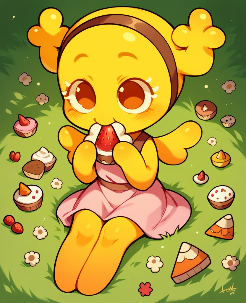 Penny Fitzgerald, penny_unshelled, alone, cute, yellow body, ???, yellow wings, pink cute dress, full body, sitting on grass eating a strawberry cake