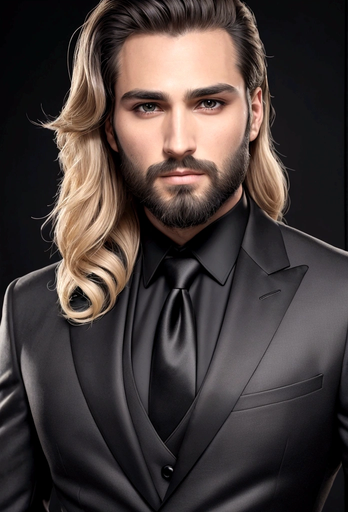 across a、Be a handsome 30 year old man, in black suit and tie, CEO, Deep blonde hair and beard, (Homem in black suit and tie), ), (Use uma barba,) Attractive and serious appearance, with short black hair, elegant and elegant, Perfect fit and strong body shave, (high qualiy, photorealistic picture), Dark black and light black in the background of the image, Steele Films, ((maximum quality, 8K, Masterpiece artwork), ultra hd photo, (Beautiful meticulous face, Detailed texture skin, Ultra-delicate body:1.1)Hair falls gently on the forehead