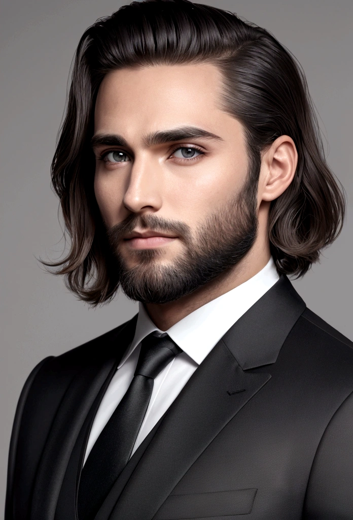 across a、Be a handsome 30 year old man, in black suit and tie, CEO, Deep blonde hair and beard, (Homem in black suit and tie), ), (Use uma barba,) Attractive and serious appearance, with short black hair, elegant and elegant, Perfect fit and strong body shave, (high qualiy, photorealistic picture), Dark black and light black in the background of the image, Steele Films, ((maximum quality, 8K, Masterpiece artwork), ultra hd photo, (Beautiful meticulous face, Detailed texture skin, Ultra-delicate body:1.1)Hair falls gently on the forehead