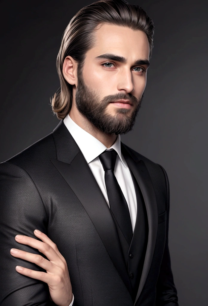 across a、Be a handsome 30 year old man, in black suit and tie, CEO, Deep blonde hair and beard, (Homem in black suit and tie), ), (Use uma barba,) Attractive and serious appearance, with short black hair, elegant and elegant, Perfect fit and strong body shave, (high qualiy, photorealistic picture), Dark black and light black in the background of the image, Steele Films, ((maximum quality, 8K, Masterpiece artwork), ultra hd photo, (Beautiful meticulous face, Detailed texture skin, Ultra-delicate body:1.1)Hair falls gently on the forehead