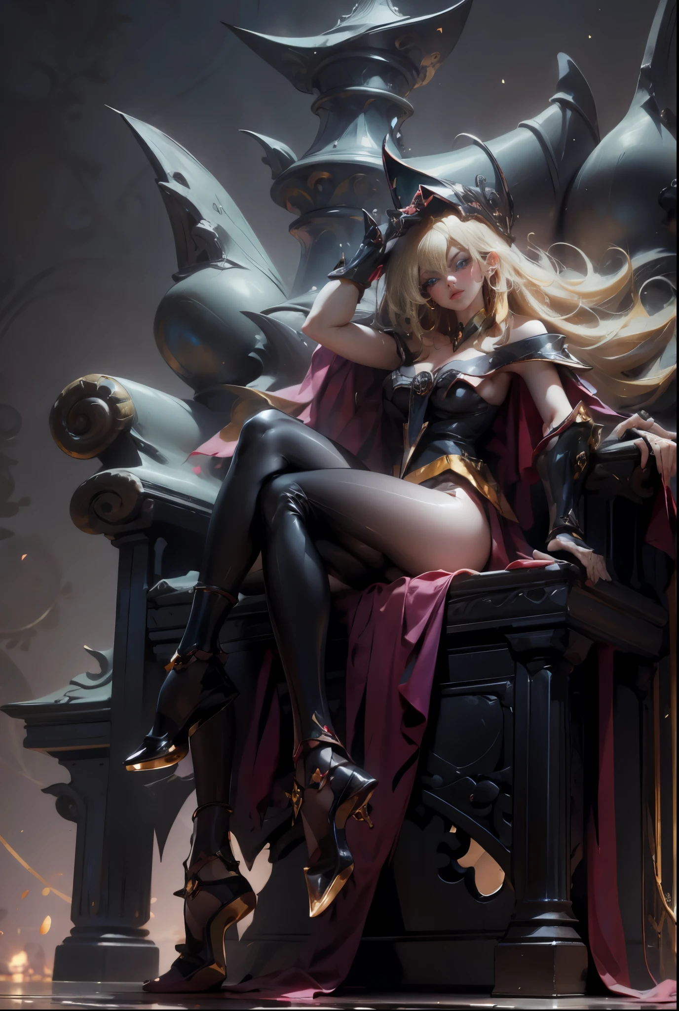 Dark magician gils with black gala dress. Wear dark tights. She wears red heels, has earrings. Wear necklaces. Long blonde hair. blue eyes. Red lips. Sensual and subjective pose. She is sitting on a golden throne. Castle Background. She has black heels and transparent stockings