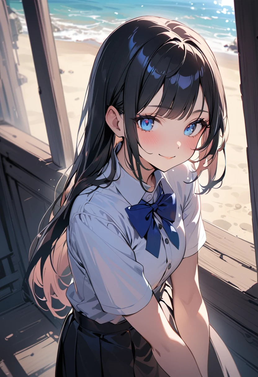 BREAK 1girl, long hair, black hair, straight hair, short bangs above brows, blue eyes, warm smile, standing,
BREAK (masterpiece), (high resolution 8K), cinematic lighting, professional lighting, very cute, detailed eyes and face, detailed body, 
BREAK , white shirt, blue bowtie, pleated skirt
BREAK outdoors, sun-kissed shore, 