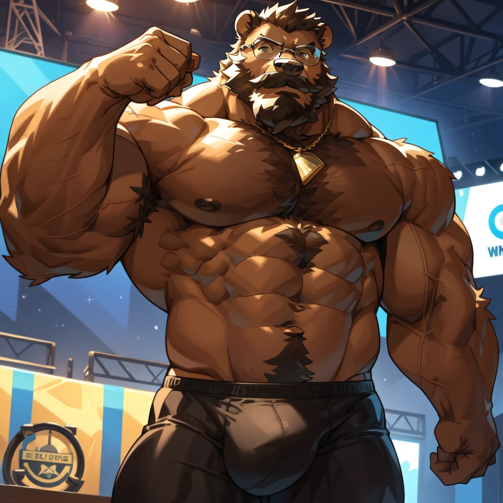 solo, 1boy, Huge Thick Muscular Old Grizzly Bear wearing glasses , pectoral, huge pectoral, wide pectoral, brown fur, short white hair, black competitive briefs, shirtless topless, bearded, 
White Mustache, bodybuilding conpetition stage background, masterpiece, high detailed, 8k, high resolution, at the stage flexing whole body veiny. (Side chest bodybuilding pose). Winner, gold metal trophy